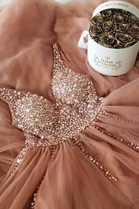 Blush Pink Beaded Long Prom Dress with Slit