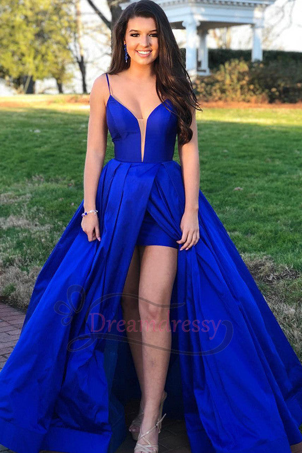 Royal Blue Front-slit Long Prom Dress with Criss Cross Back