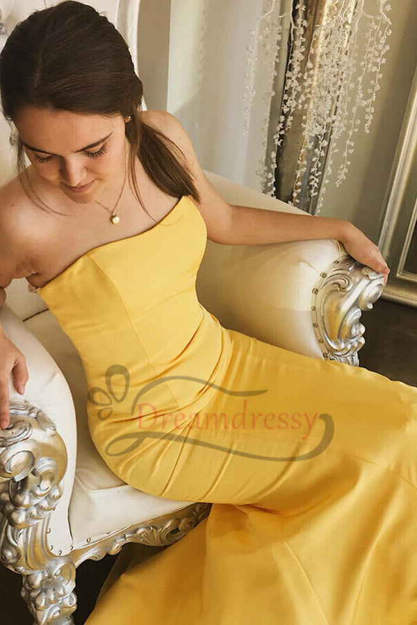 Mermaid Yellow Strapless Long Prom Evening Dress