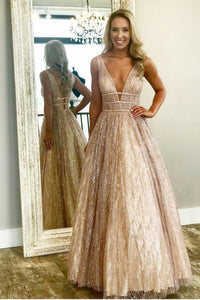 A-Line Floor Length Gold Long Prom Dress