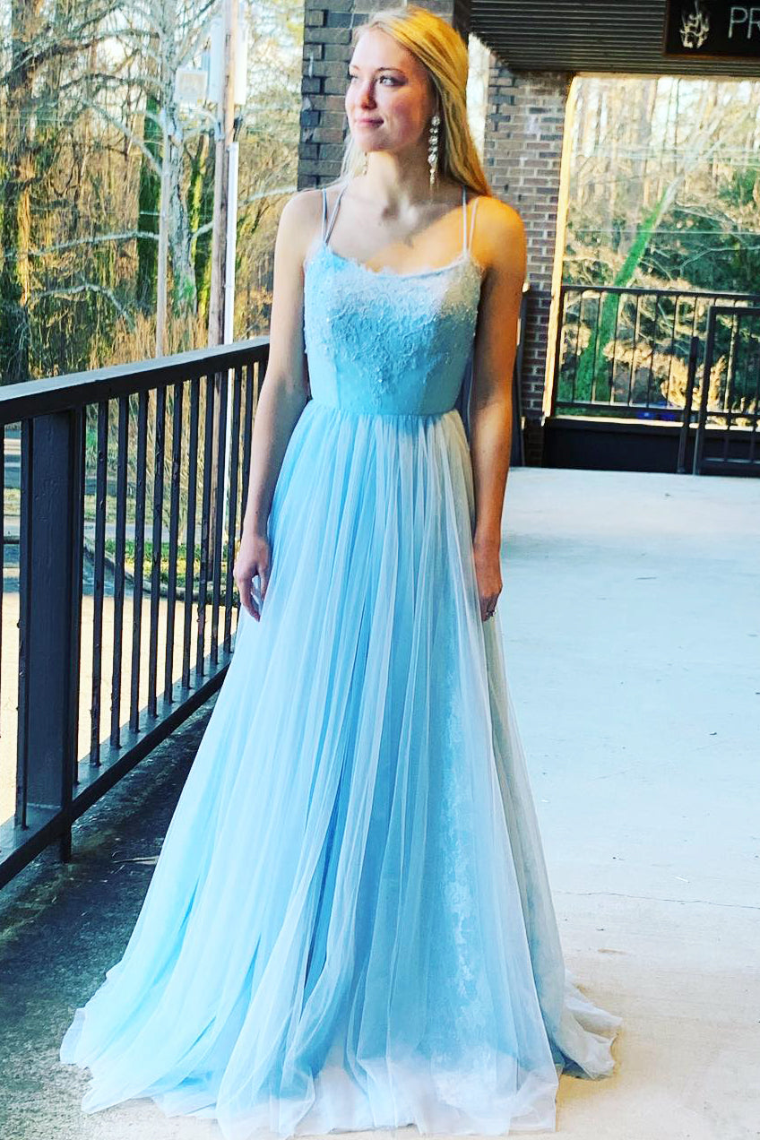 Elegant Straps A-Line Sky Blue Long Prom Dress – Dreamdressy