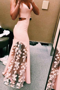 Spaghetti Straps Appliques Mermaid Blush Pink Prom Dress