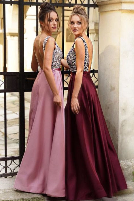 A-Line Beading Pink Long Prom Dress