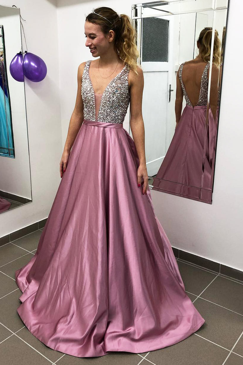 A-Line Beading Pink Long Prom Dress