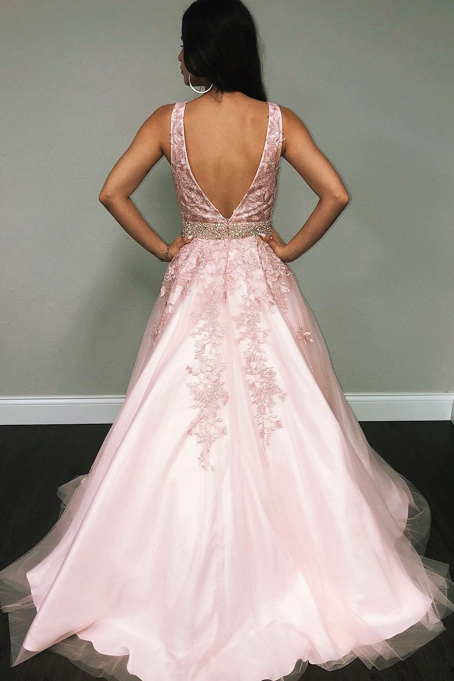 V-neck Blush Lace Appliques Beaded Long Prom Dresses, Prom Dresses