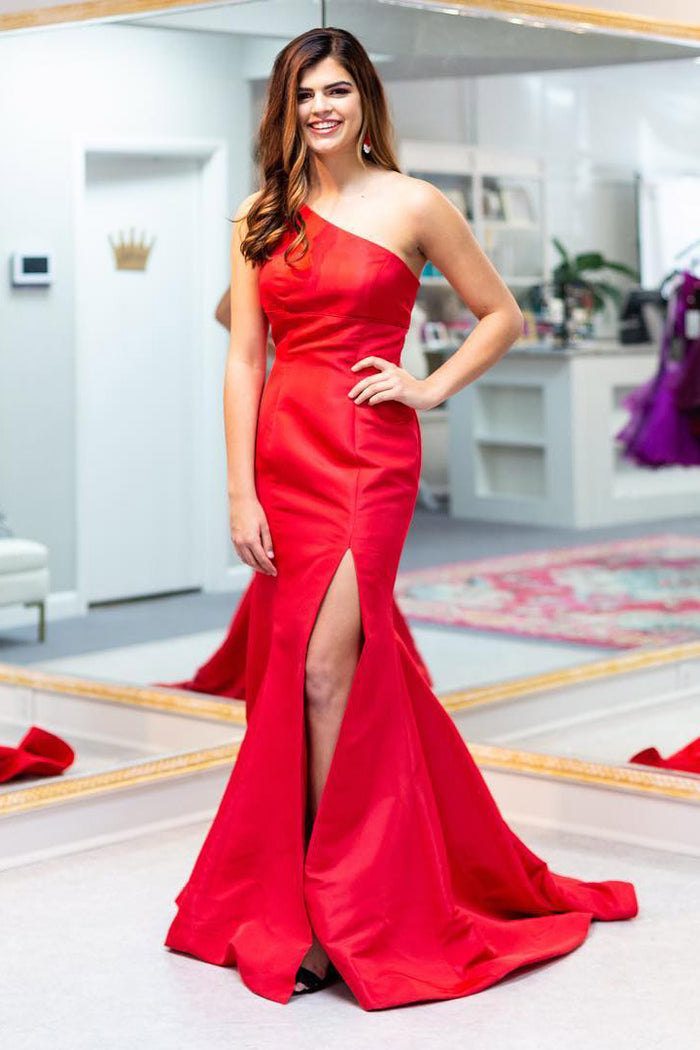 One Shoulder Red Long Prom Dress with Slit