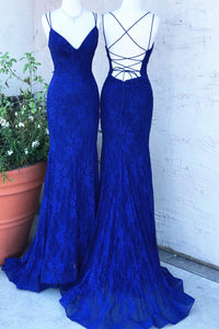 Elegant Straps Royal Blue Lace Long Prom Dress