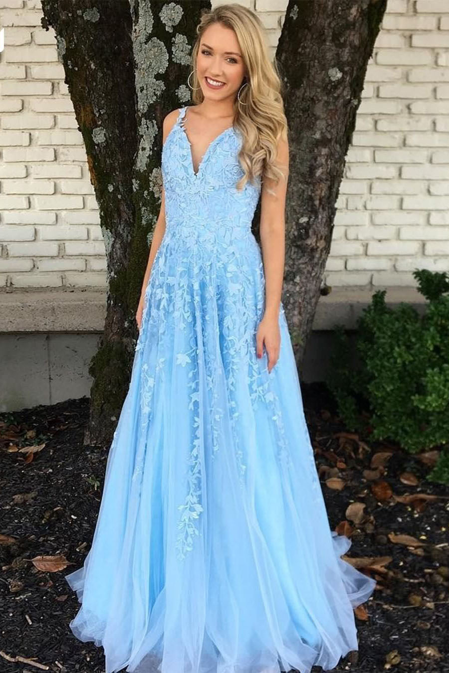 A-line Light Blue Tulle Long Prom Dress