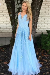 A-line Light Blue Tulle Long Prom Dress
