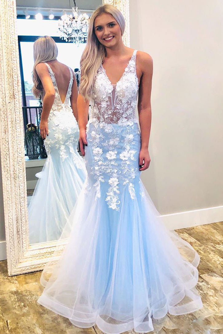 Mermaid V Neck Sky Blue Prom Dress with Lace Appliques