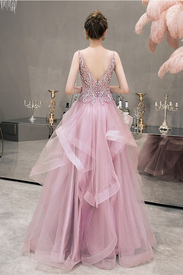 Princess Baby Pink Beaded Long Prom Dress with Ruffles