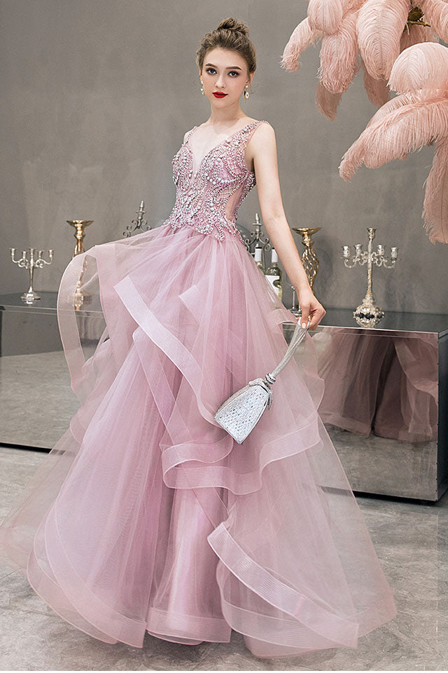 Princess Baby Pink Beaded Long Prom Dress with Ruffles