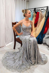 Elegant Mermaid Silver Long Prom Dress with Open Back