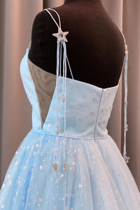 Elegant A-Line Straps Light Blue Long Prom Dress with Stars