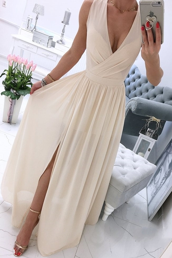 Gorgeous Blush Pink Long Chiffon Prom Dress with Slit