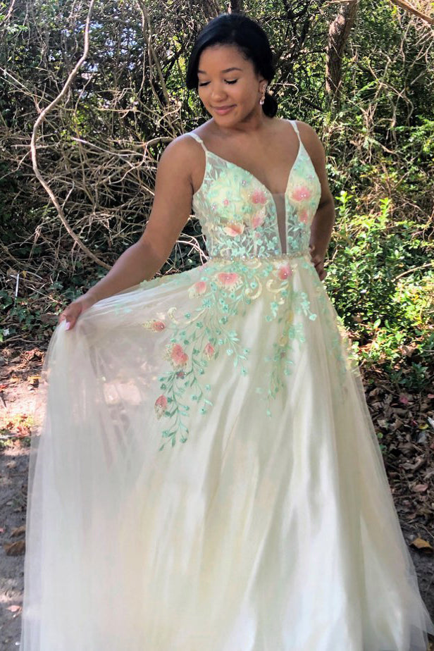 Gorgeous Straps A-Line Floral Embroidered Long Prom Dress