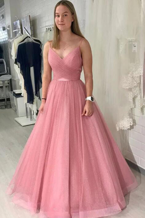 Simple Straps A-Line Pink Long Prom Dress with Backless