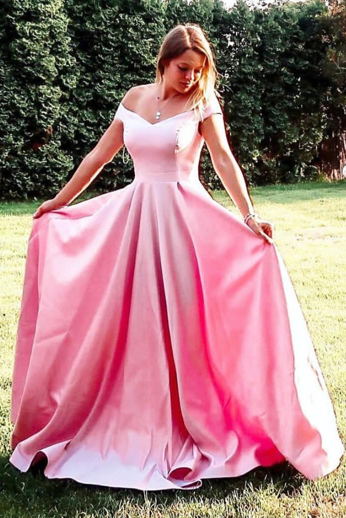 Simple A-Line Off Shoulder Pink Long Prom Dress