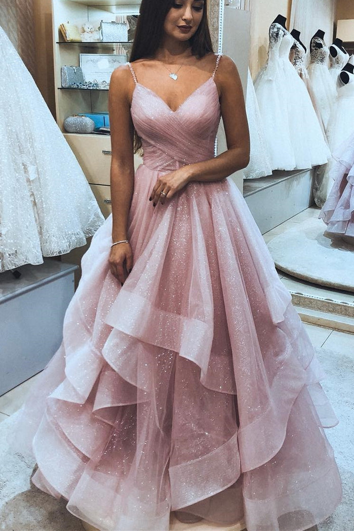 Glitter Pink Ruffled Long Prom Dress