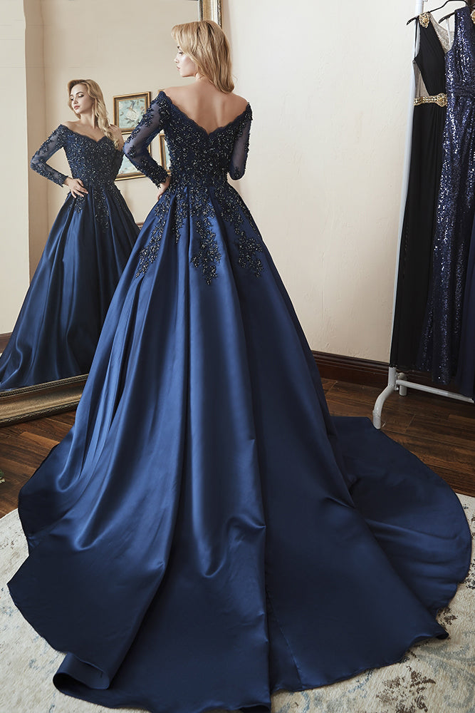 Ball Gown Long Sleeves Off Shoulder Beaded Navy Blue Prom Dress