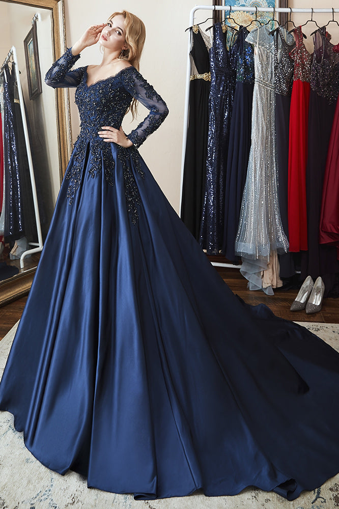 Shoulder Dark Blue Long Prom Dresses Ball Gown Long Sleeves