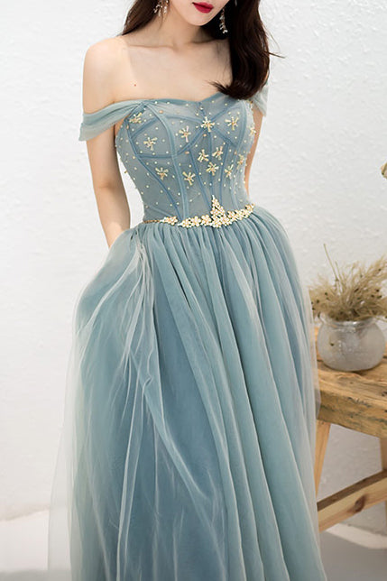 Elegant Off Shoulder A-Line Beaded Long Prom Dress with Appliques