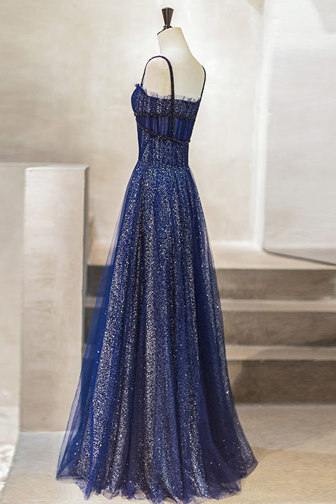 Gorgeous Spaghetti Straps Sequined Navy Blue Long Prom Dress