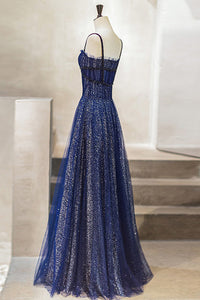 Gorgeous Spaghetti Straps Sequined Navy Blue Long Prom Dress
