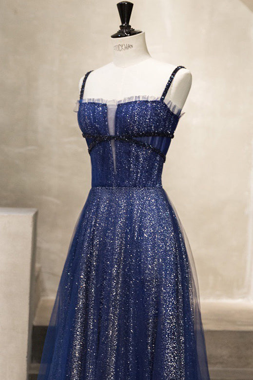 Gorgeous Spaghetti Straps Sequined Navy Blue Long Prom Dress