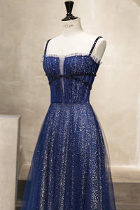 Gorgeous Spaghetti Straps Sequined Navy Blue Long Prom Dress