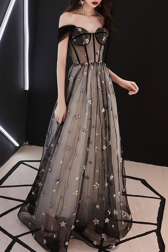 Gorgeous Off Shoulder A-Line Black Long Prom Dress with Stars