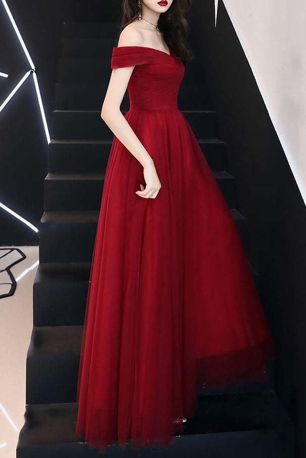Elegant Off Shoulder A-Line Pleated Burgundy Long Prom Dress