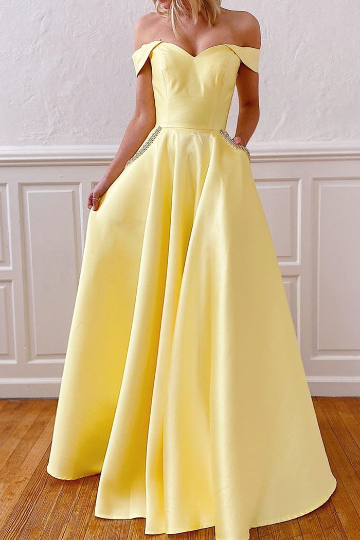 Off the Shoulder Pink Prom Dress with Pockets