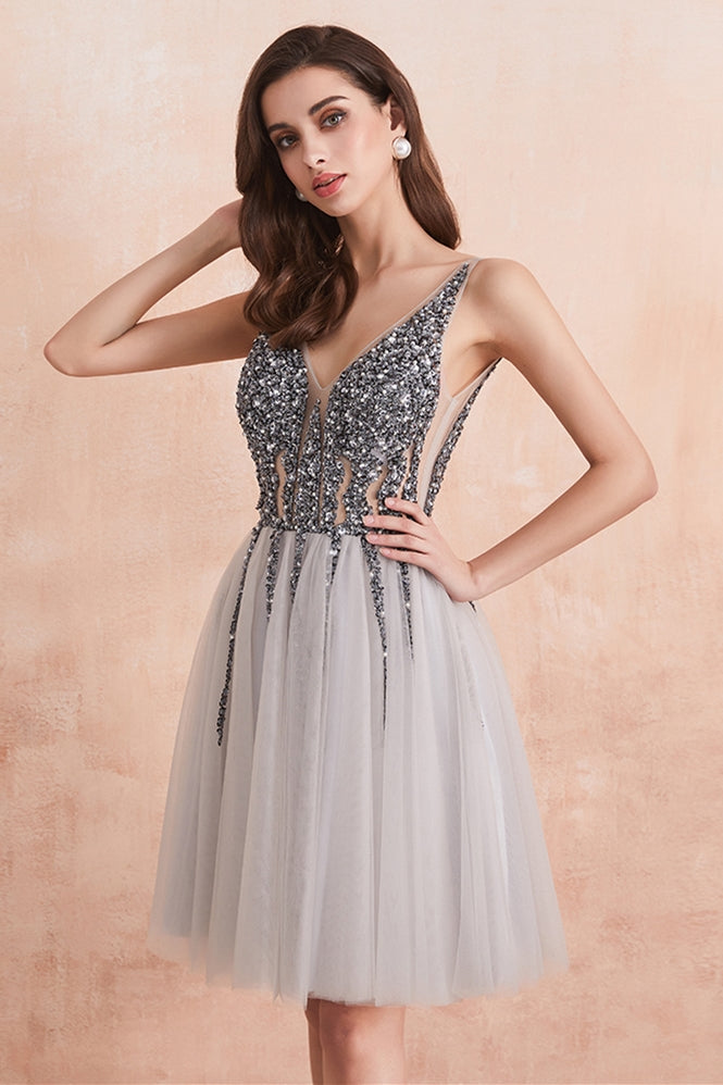Unique V Neck Short Grey Dance Dress