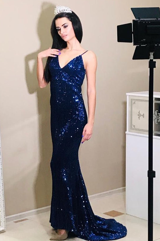 Gorgeous V Neck Mermaid Navy Blue Sequin Prom Dress