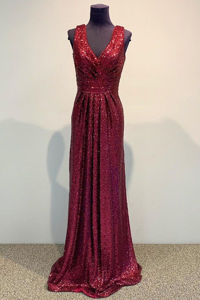 Gorgeous V Neck Burgundy Sequin Long Bridesmaid Dress