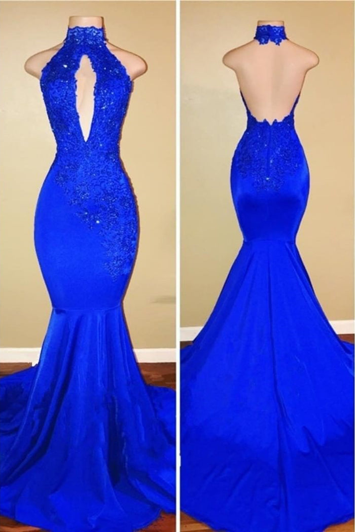 Elegant Mermaid High Neck Royal Blue Long Prom Dress