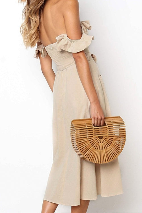 Off the Shoulder Pink Midi Dress with Sash