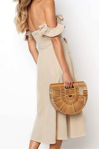 Off the Shoulder Pink Midi Dress with Sash