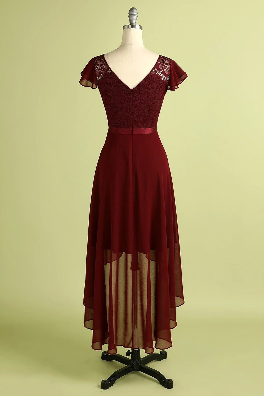 High Low Short Sleeves Burgundy Bridesmaid Dress