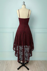 Spaghetti Strap High-Low Burgundy Lace Bridesmaid Dress