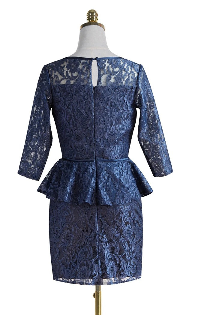 Long Sleeves Navy Blue Short Lace Mother of the Bridal Dress