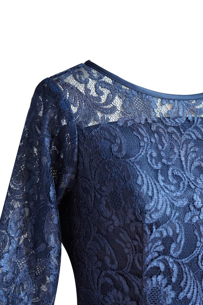 Long Sleeves Navy Blue Short Lace Mother of the Bridal Dress
