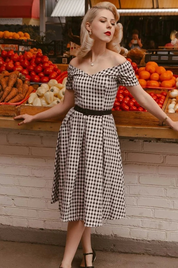 Black and White Plaid Short Sleeve Vintage Dress Dreamdressy