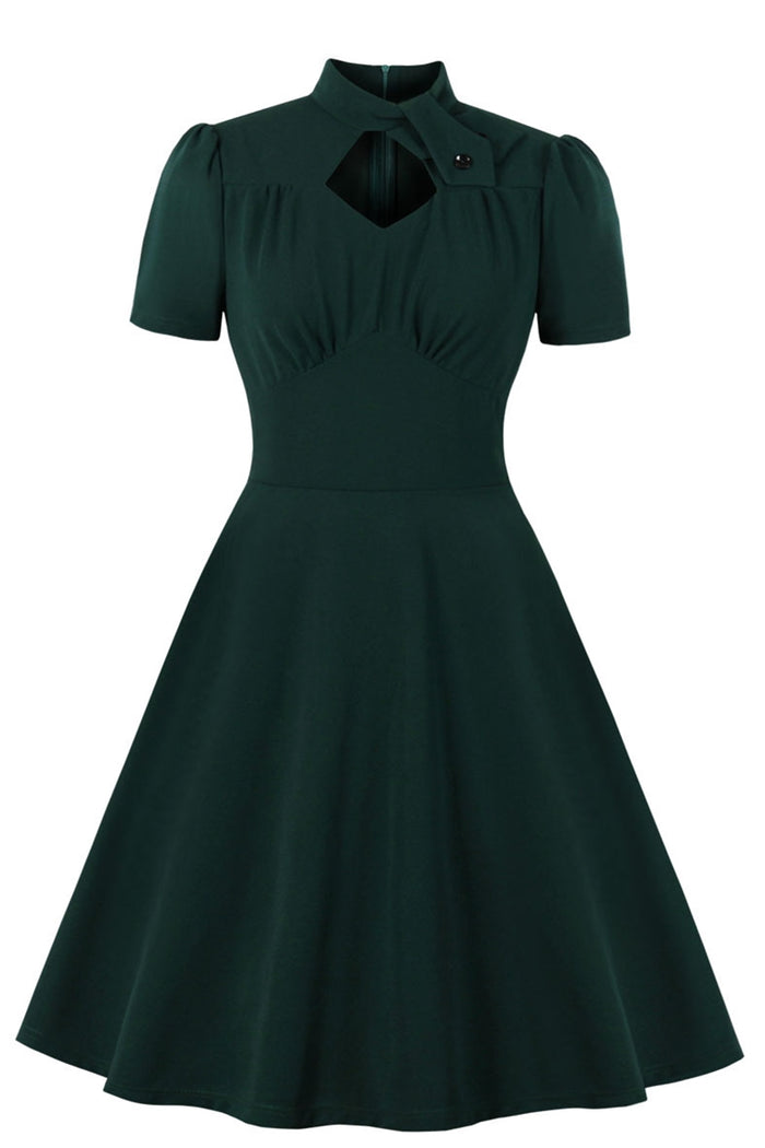 1950s Vintage Dark Green High Neck Dress