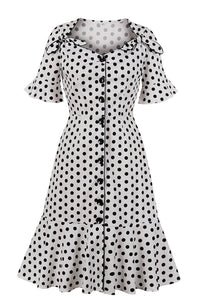 Belt Sleeves Black Dots Fitted Vintage Dress