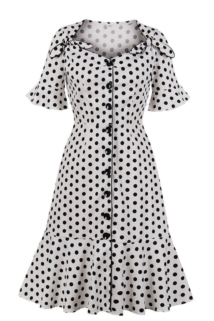 Belt Sleeves Black Dots Fitted Vintage Dress
