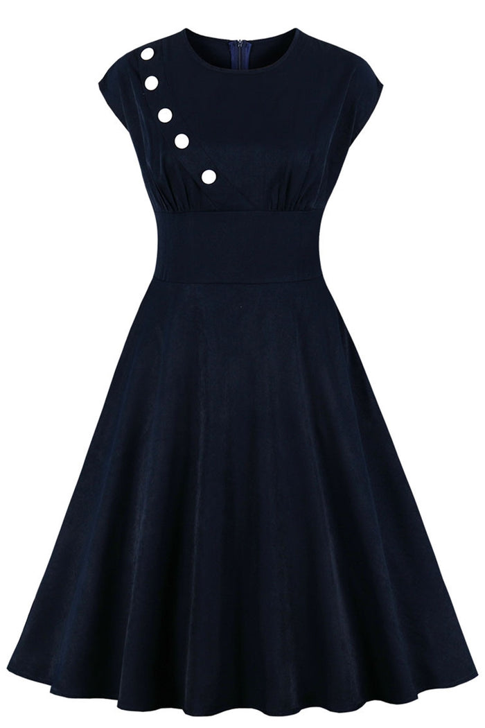 1950s Vintage Dark Navy Dress with Buttons