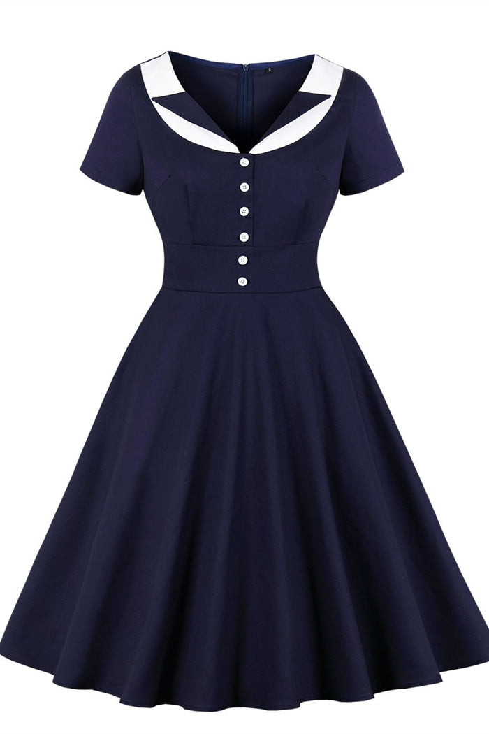 50s Vintage Navy Blue Short Sleeves Dress