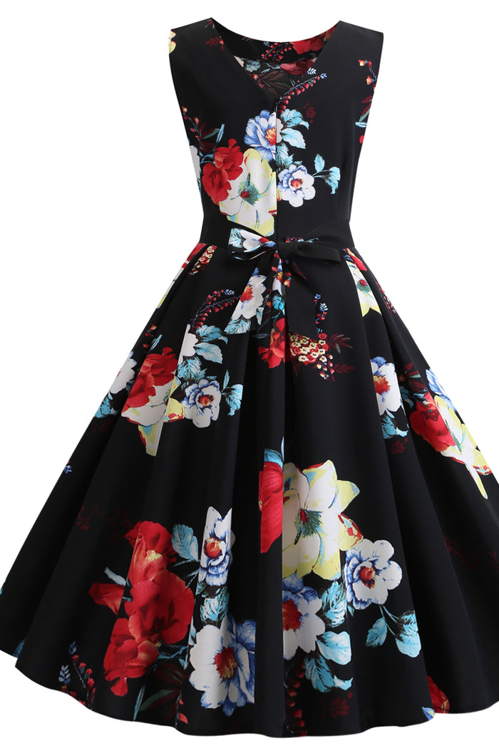 Sleeveless Black Floral 50s Vintage Dress